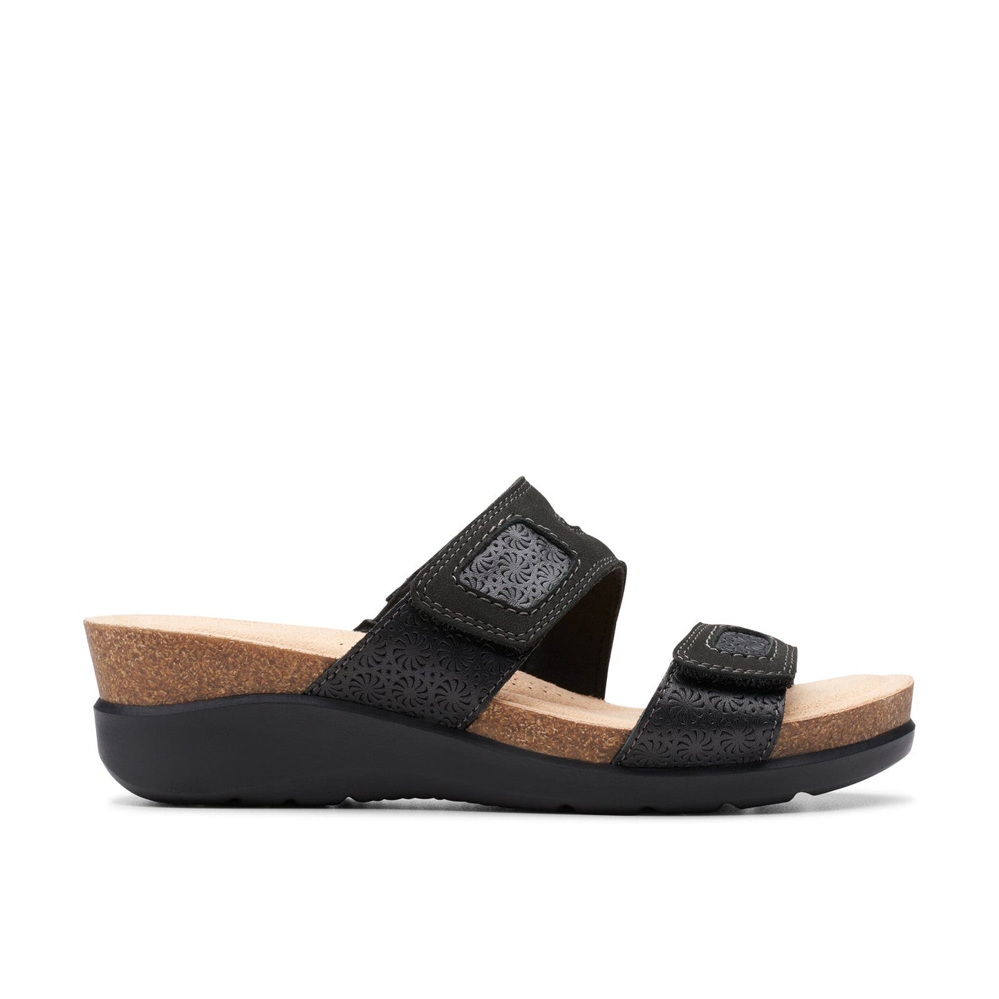 Clarks Calenne Maye 26177042 Womens Black Wide Leather Wedges Sandals Shoes