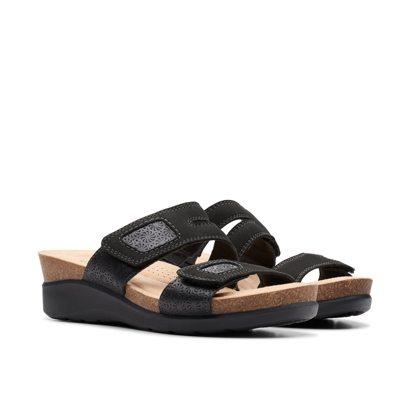 Clarks Calenne Maye 26177042 Womens Black Wide Leather Wedges Sandals Shoes